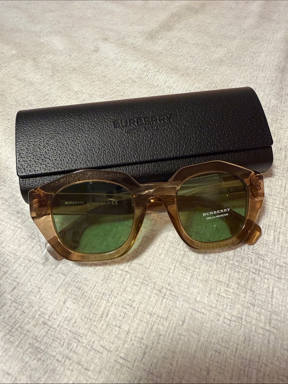 Burberry Men’s Brown Transparent Frame Sunglasses with Green Lenses